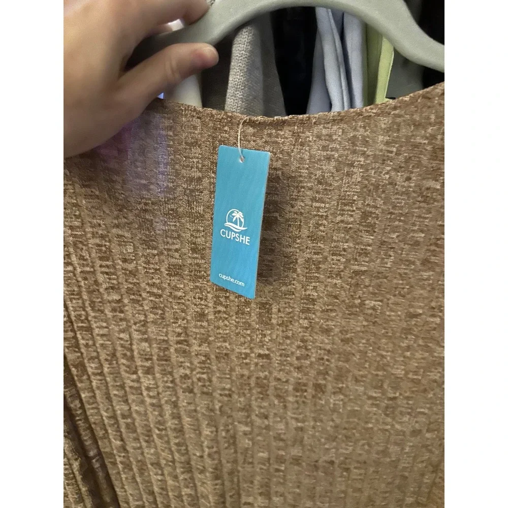 Cupshe Tan Brown Ribbed Knit V-Neck Tiered Ruffle Mini Dress XL - Picture 7 of 7